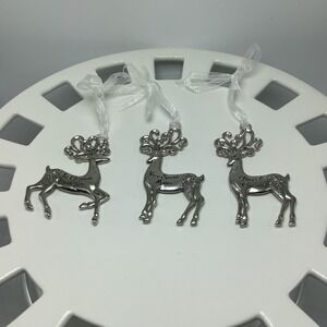 Silver Tone Metal Snowflake Reindeer Ornament Lot of 3 Etched Rhinestone Accents